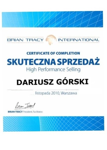 Certyfikat szkolenia Brian Tracy